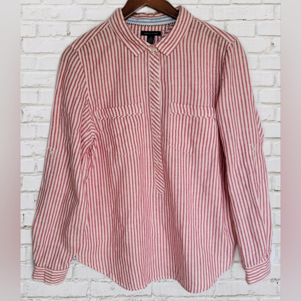 Tommy Hilfiger Red Striped Button Down Size Large